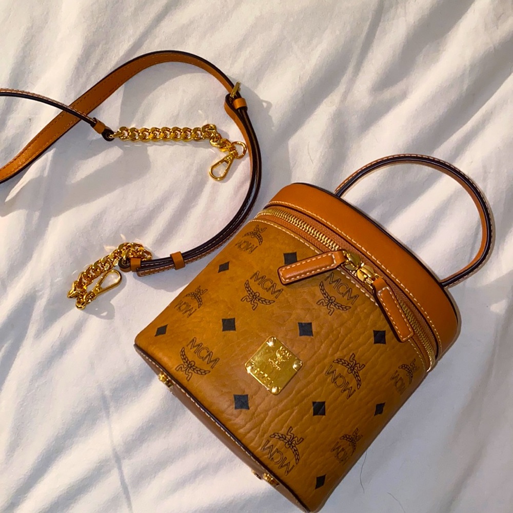 MCM Cognac Visetos Cylinder Crossbody Bag